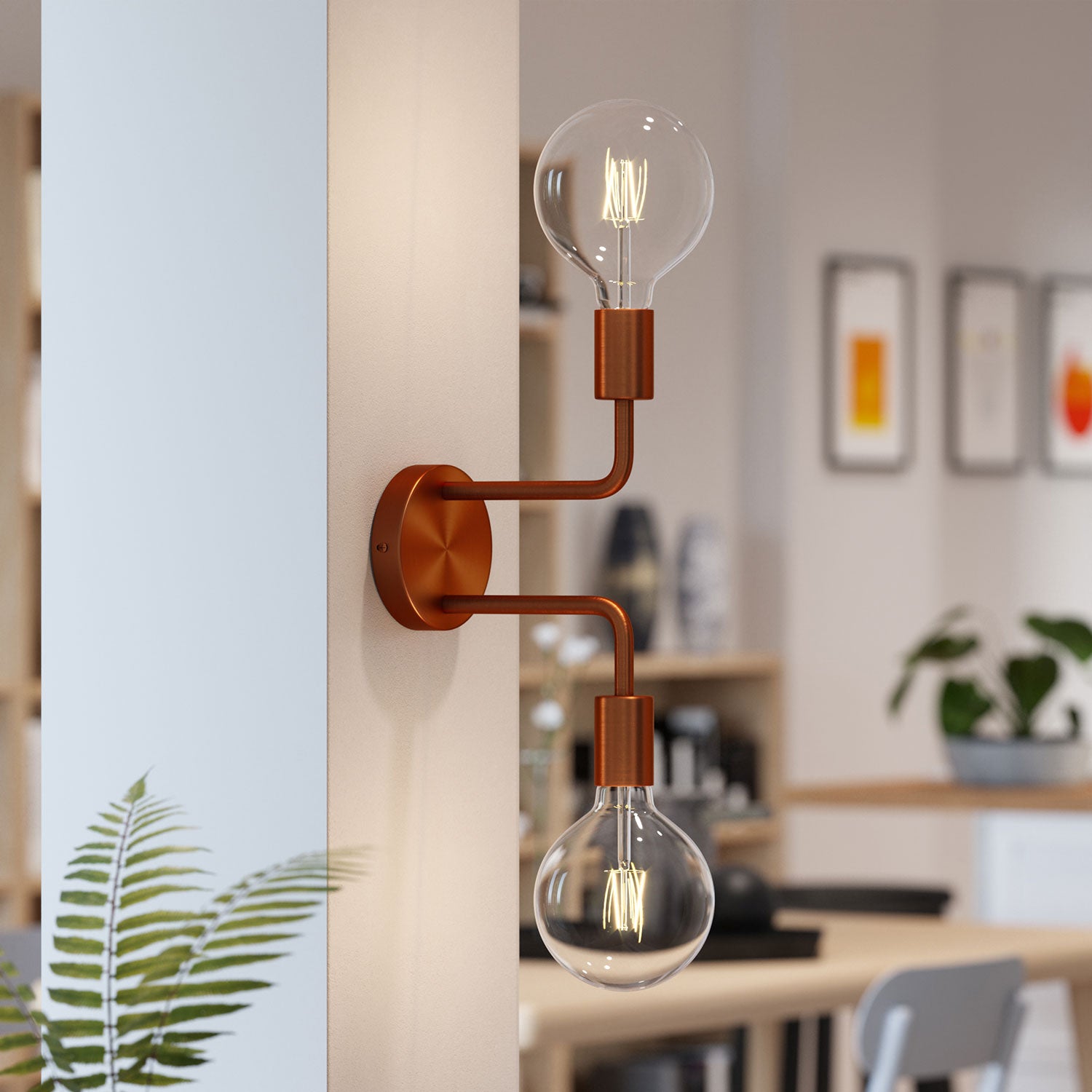 Fermaluce Metal, lampada a muro in metallo con doppia estensione curva - Rame satinato