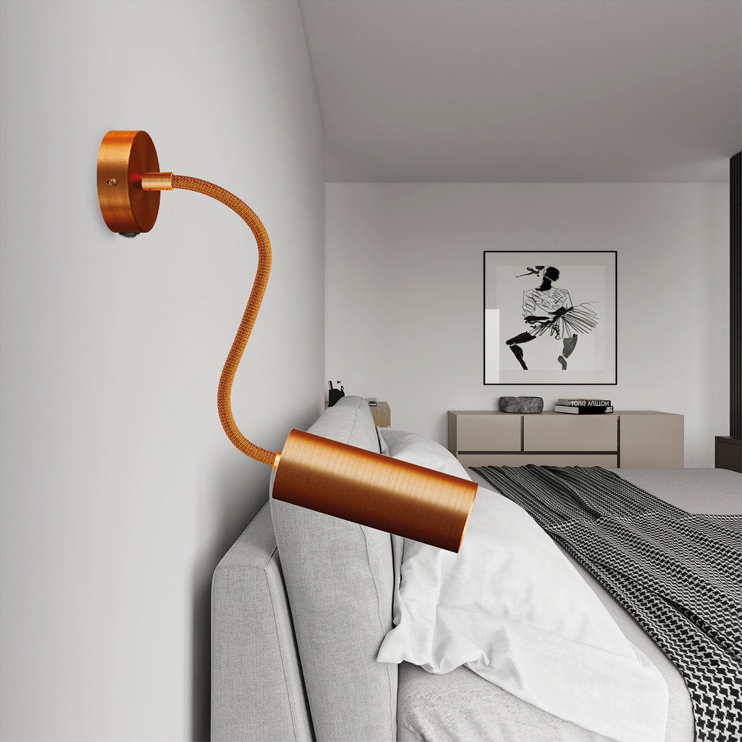 Lampada Fermaluce Flex 30 con mini rosone con interruttore e faretto con paralume Tub-E14 - Rame satinato
