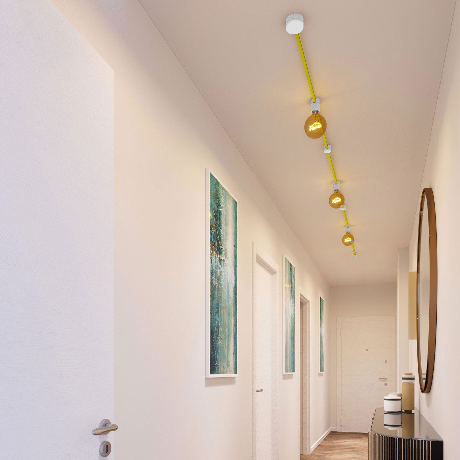 Sistema Filé Linear Kit - con cavo CF10 di 5 m per catenaria e 7 componenti in legno verniciato bianco per interni