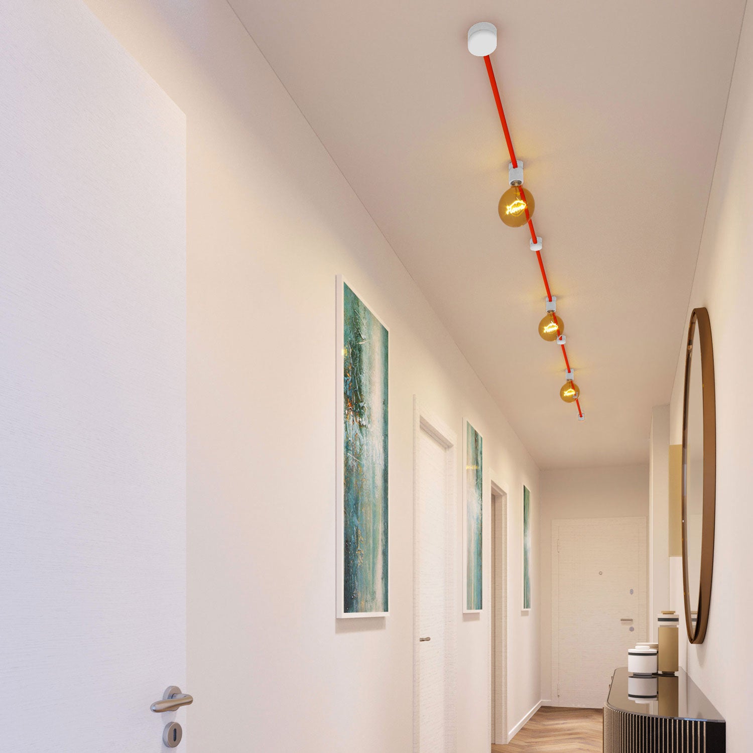Sistema Filé Linear Kit - con cavo CF15 di 5 m per catenaria e 7 componenti in legno verniciato bianco per interni