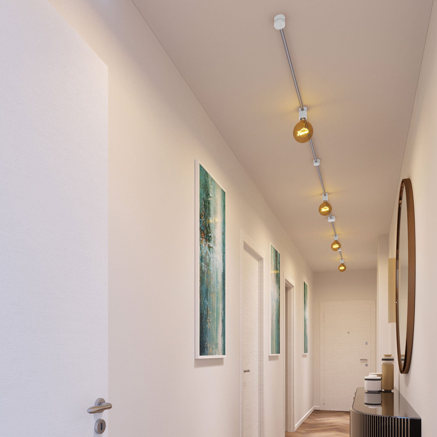 Sistema Filé Symmetric Kit - con cavo CM02 di 5 m per catenaria e 9 componenti in legno verniciato bianco per interni