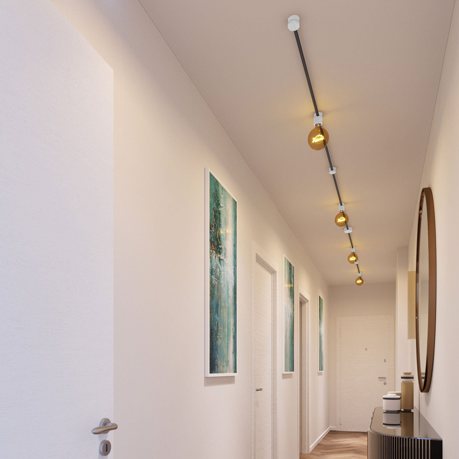 Sistema Filé Symmetric Kit - con cavo CM03 di 5 m per catenaria e 9 componenti in legno verniciato bianco per interni