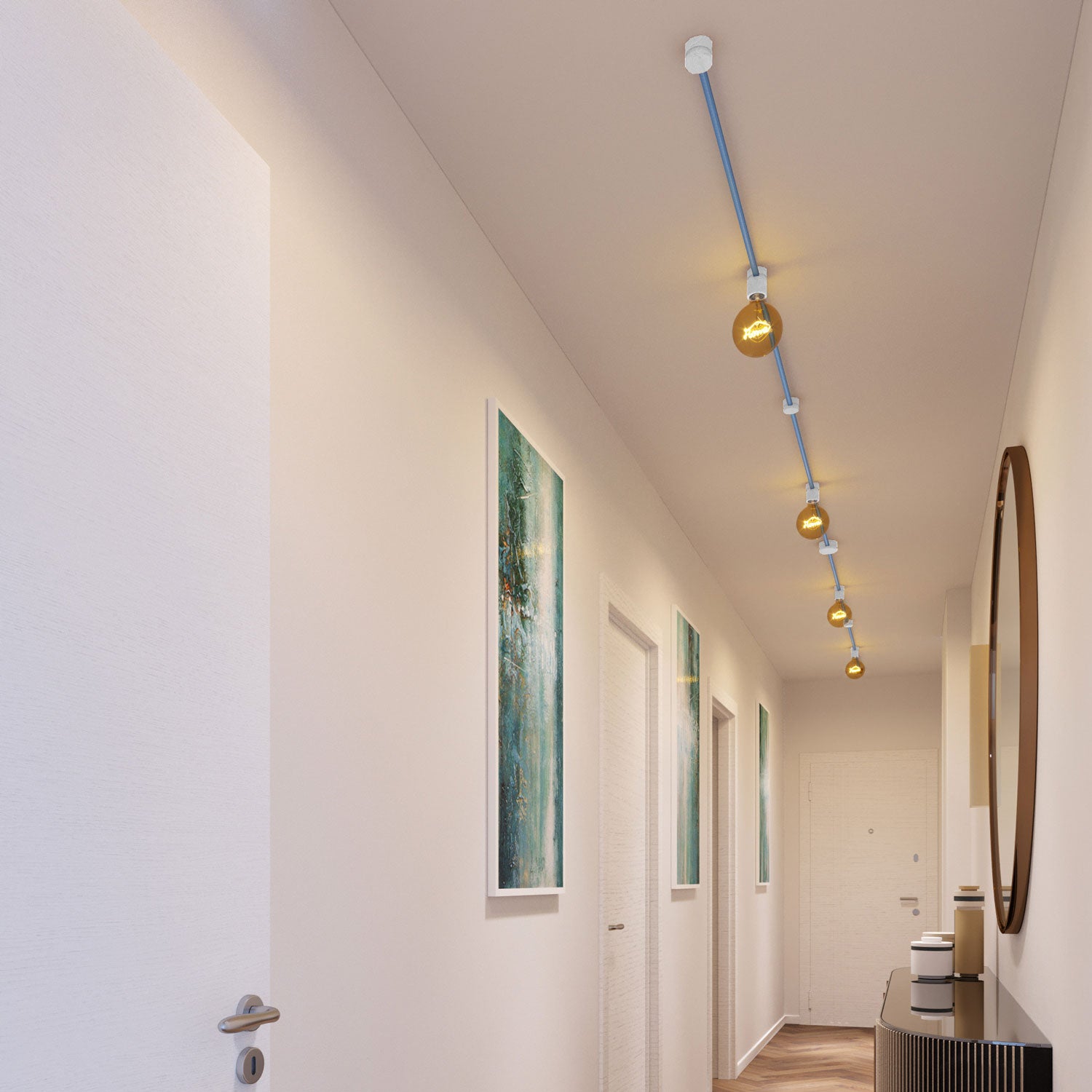 Sistema Filé Symmetric Kit - con cavo CM17 di 5 m per catenaria e 9 componenti in legno verniciato bianco per interni