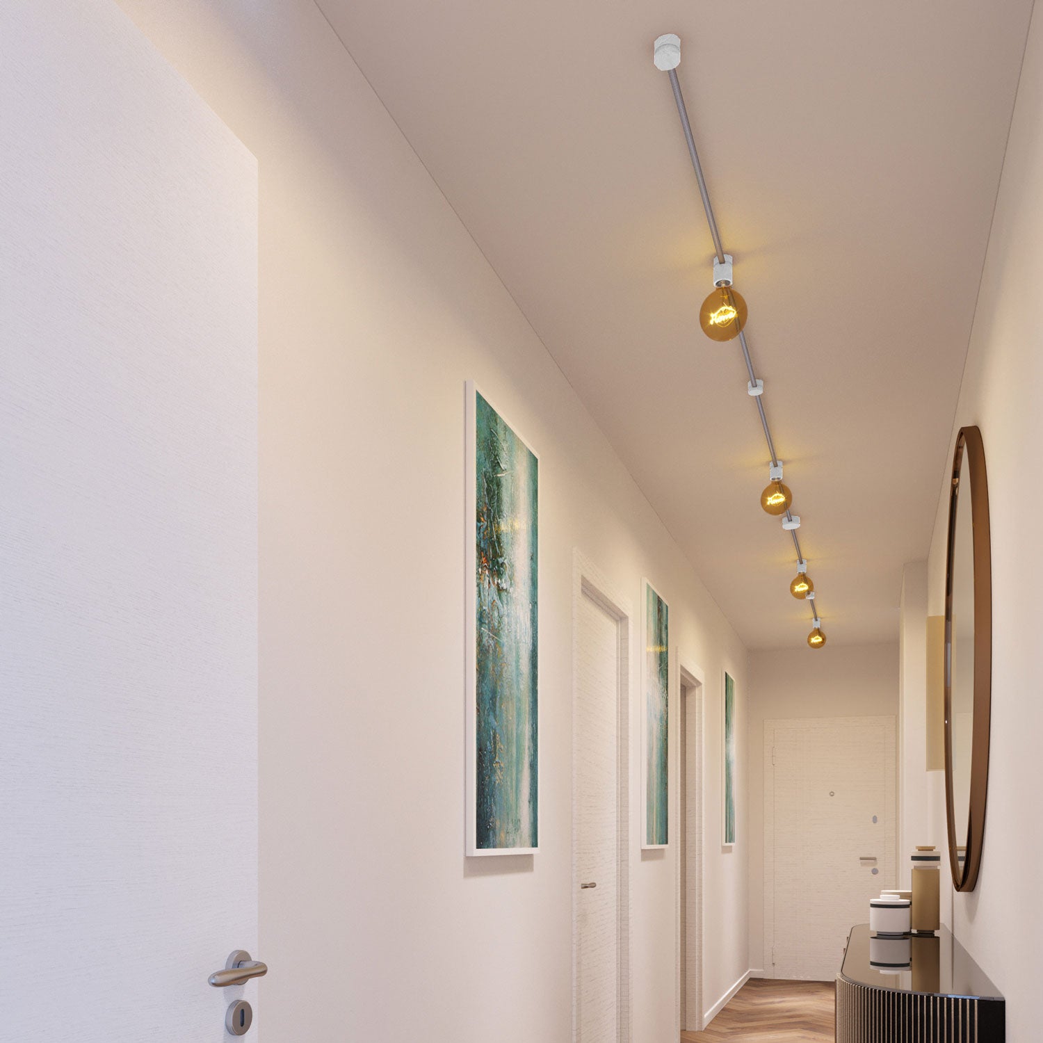 Sistema Filé Symmetric Kit - con cavo CZ04 di 5 m per catenaria e 9 componenti in legno verniciato bianco per interni
