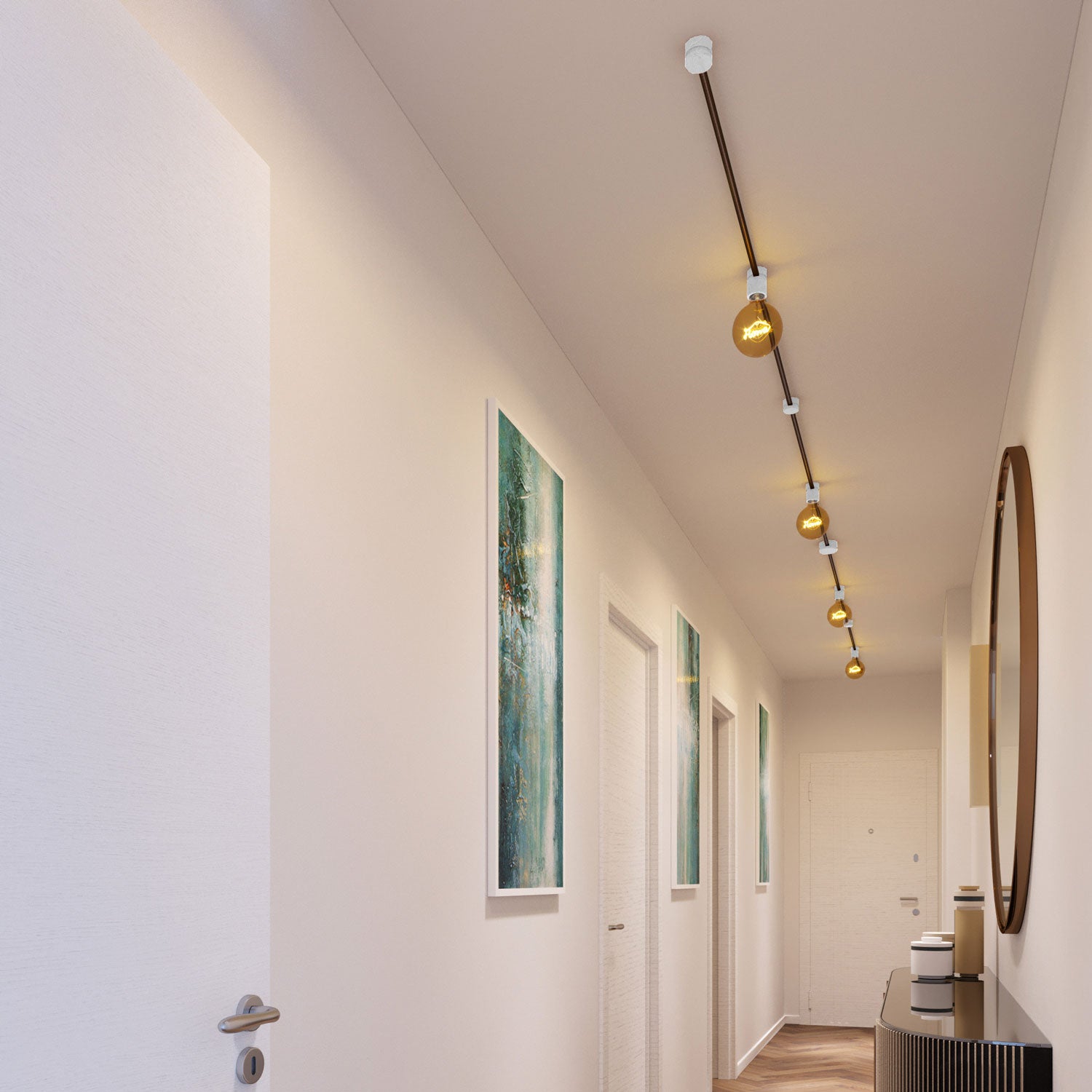 Sistema Filé Symmetric Kit - con cavo CZ22 di 5 m per catenaria e 9 componenti in legno verniciato bianco per interni