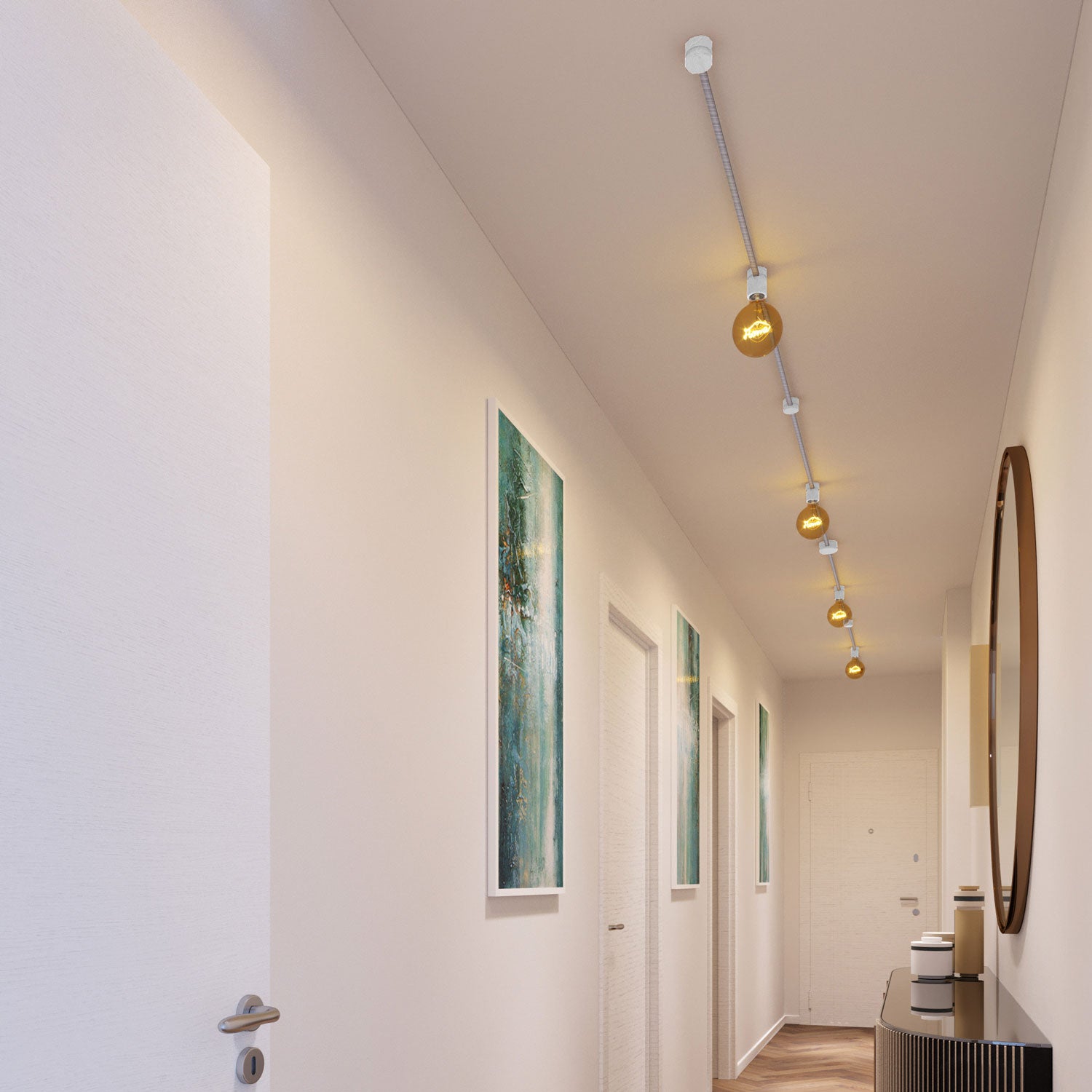 Sistema Filé Symmetric Kit - con cavo ECC37 di 5 m per catenaria e 9 componenti in legno verniciato bianco per interni