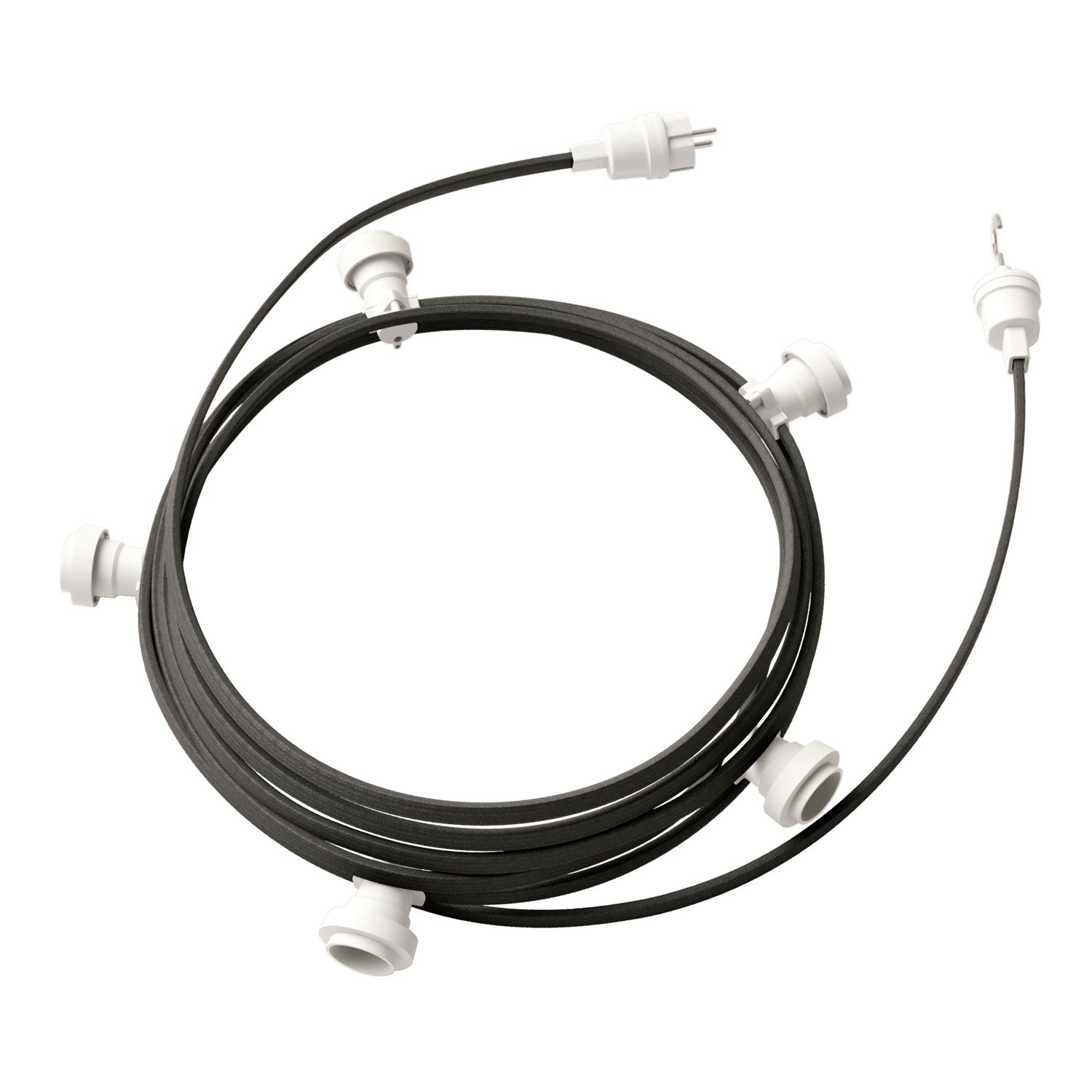 Catenaria Sistema Lumet da 7,5 m con cavo tessile CM03, 5 portalampada, gancio e spina bianchi
