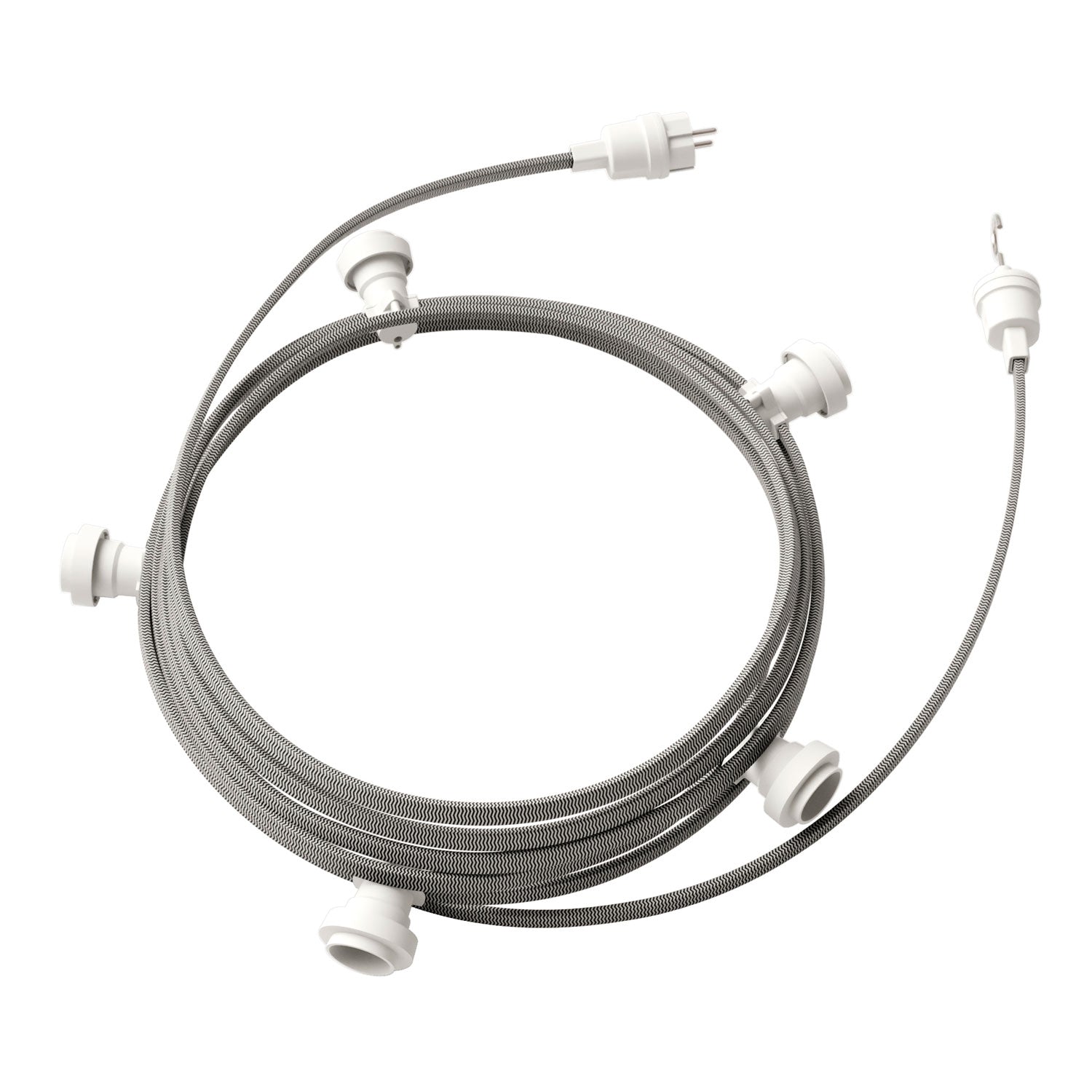 Catenaria Sistema Lumet da 7,5 m con cavo tessile CZ04, 5 portalampada, gancio e spina bianchi