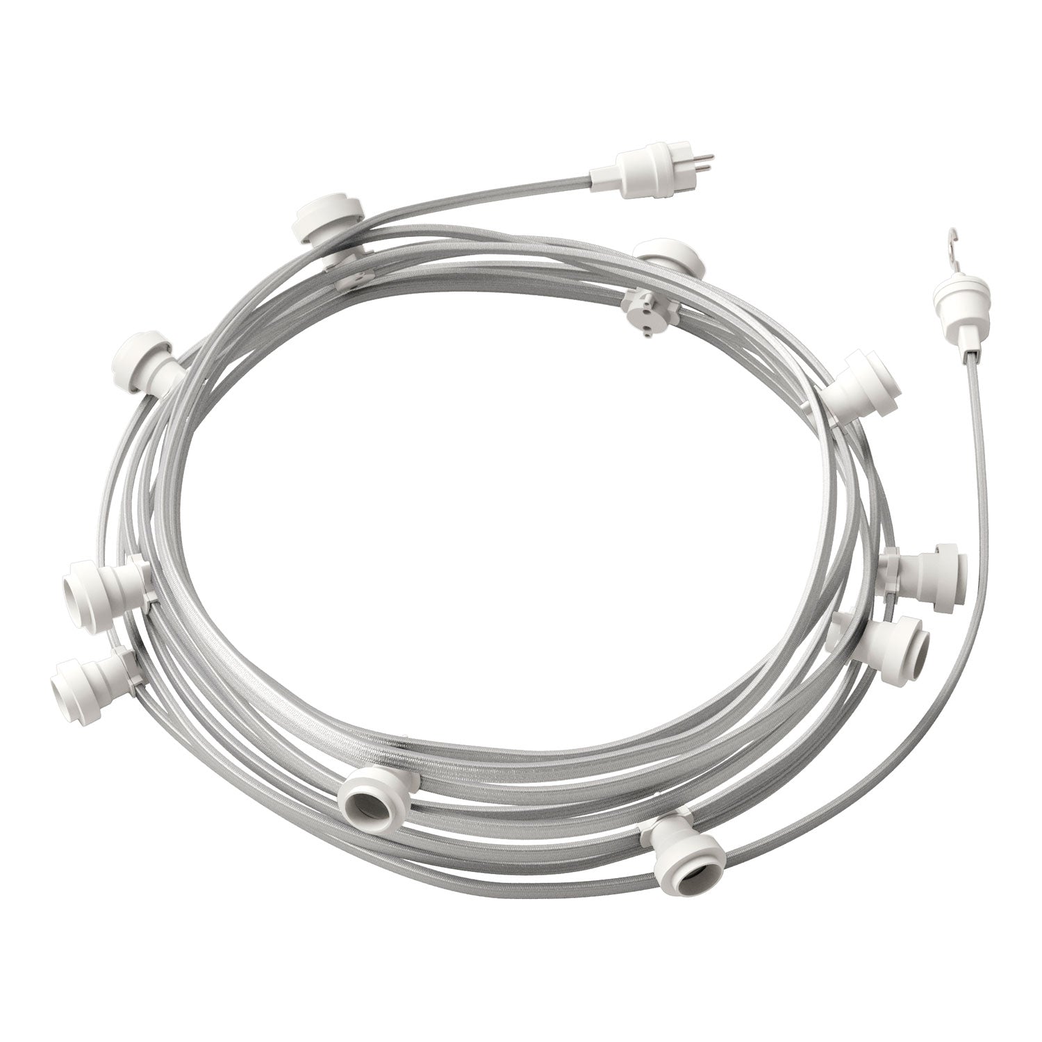 Catenaria Sistema Lumet da 12,5 m con cavo tessile CM02, 10 portalampada, gancio e spina bianchi