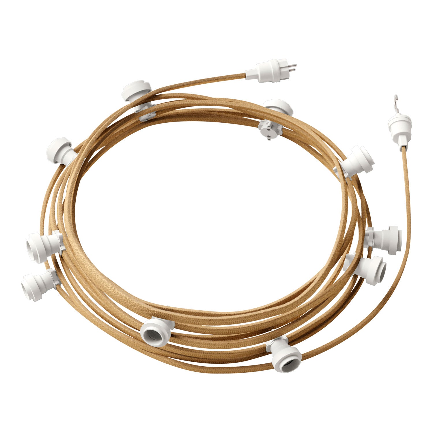 Catenaria Sistema Lumet da 12,5 m con cavo tessile CN06, 10 portalampada, gancio e spina bianchi
