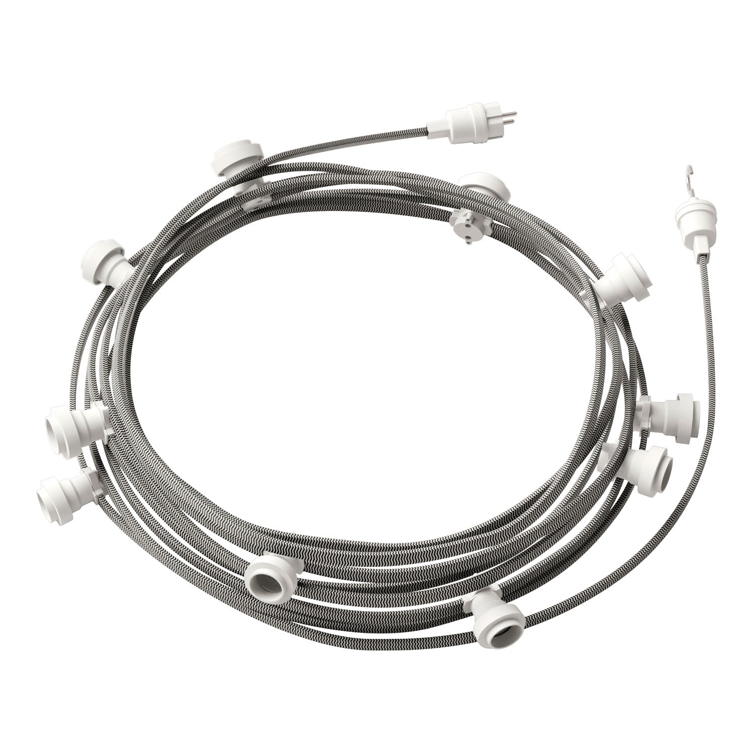 Catenaria Sistema Lumet da 12,5 m con cavo tessile CZ04, 10 portalampada, gancio e spina bianchi
