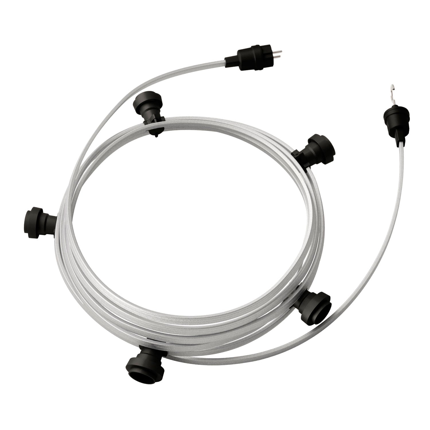 Catenaria Sistema Lumet da 7,5 m con cavo tessile CM02, 5 portalampada, gancio e spina neri