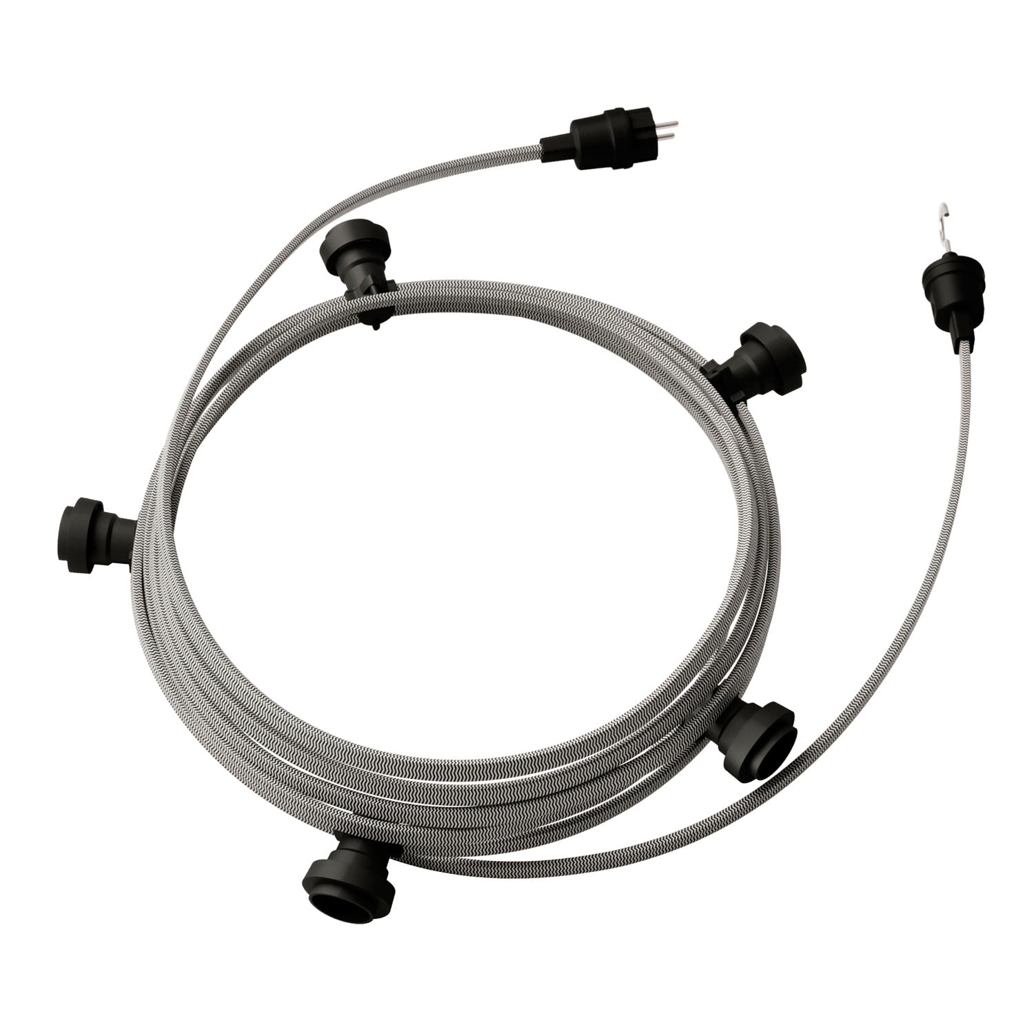 Catenaria Sistema Lumet da 7,5 m con cavo tessile CZ04, 5 portalampada, gancio e spina neri