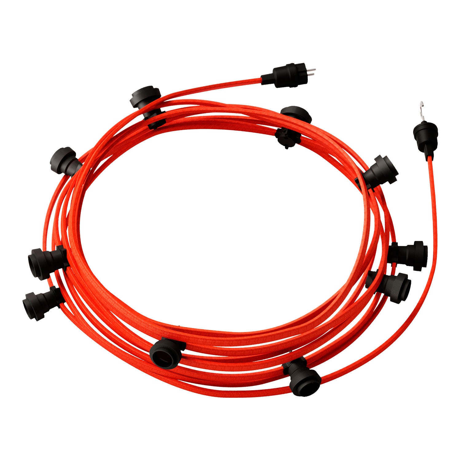 Catenaria Sistema Lumet da 12,5 m con cavo tessile CF15, 10 portalampada, gancio e spina neri