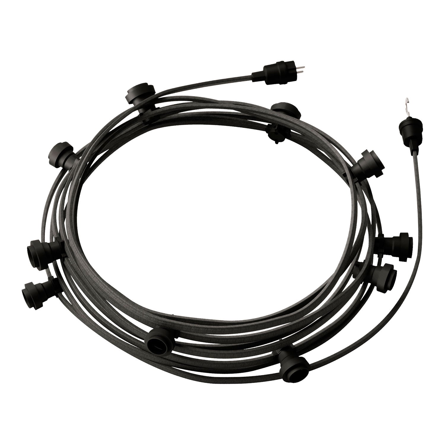 Catenaria Sistema Lumet da 12,5 m con cavo tessile CM03, 10 portalampada, gancio e spina neri