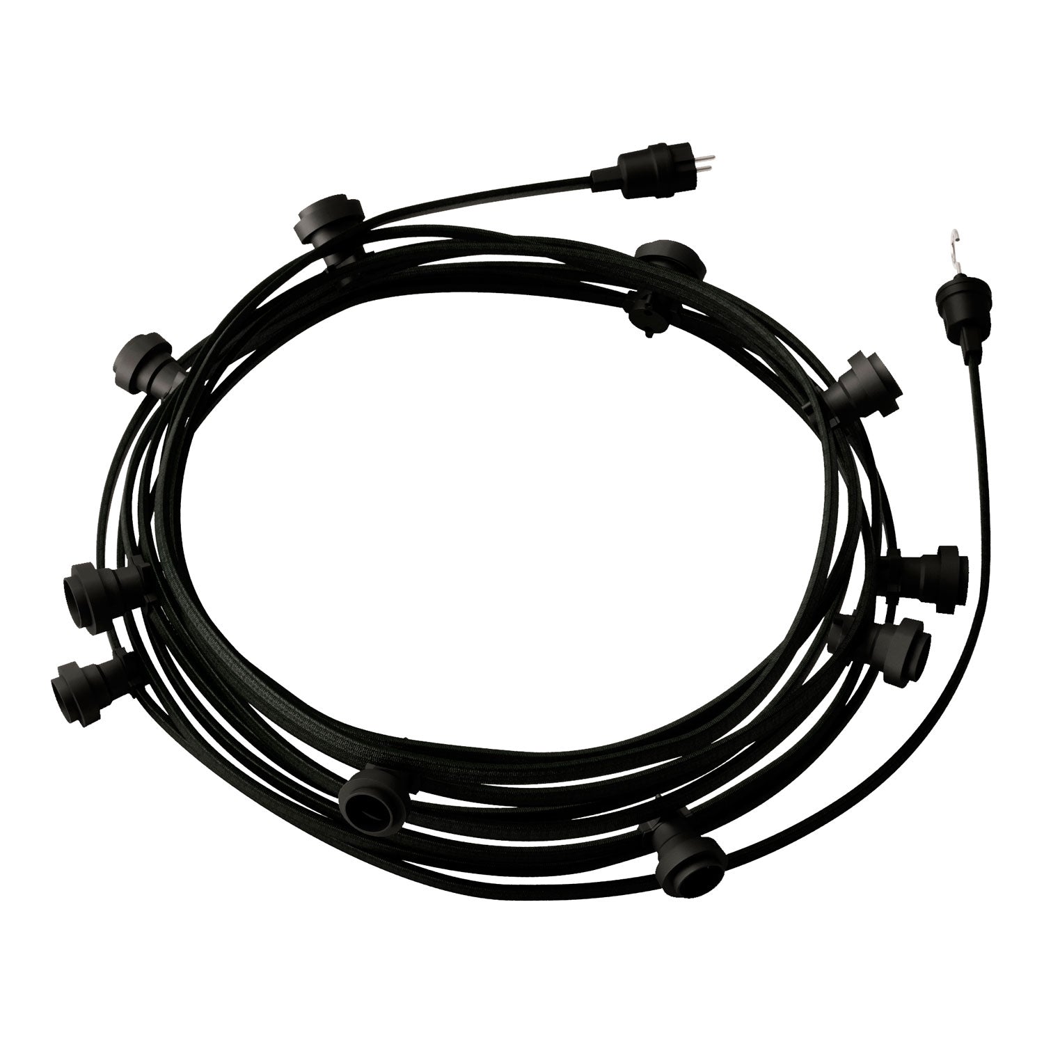 Catenaria Sistema Lumet da 12,5 m con cavo tessile CM04, 10 portalampada, gancio e spina neri