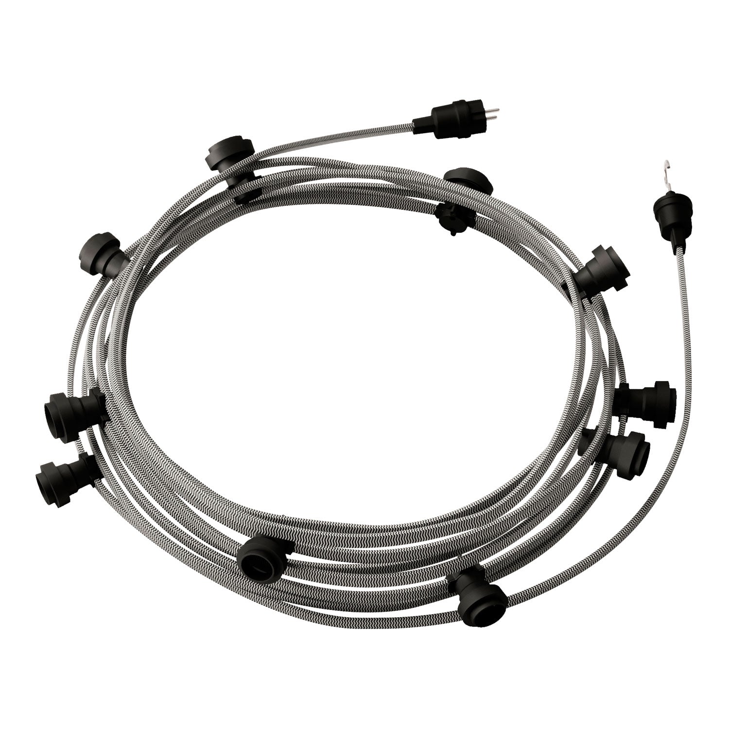 Catenaria Sistema Lumet da 12,5 m con cavo tessile CZ04, 10 portalampada, gancio e spina neri