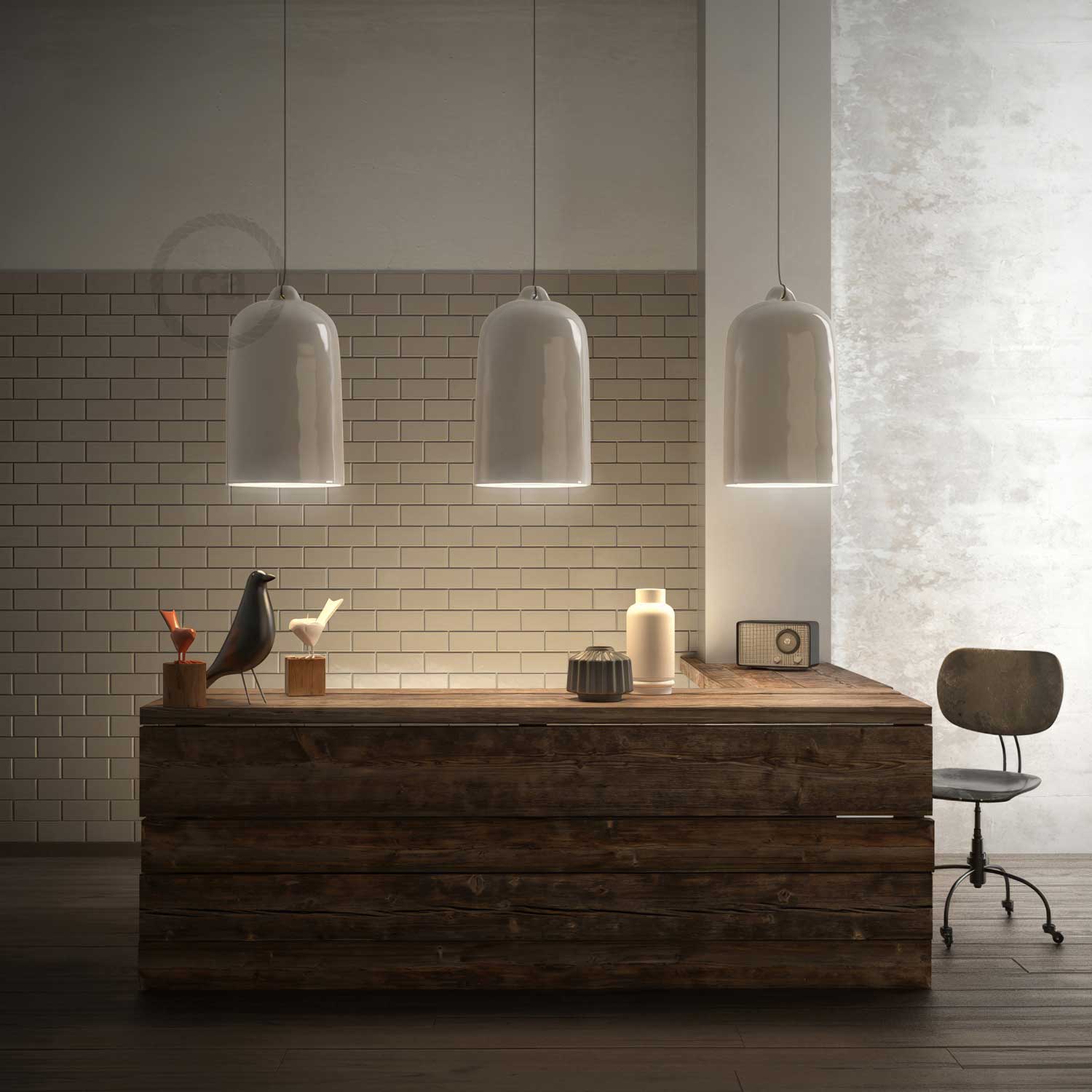 Campana, paralume XL in ceramica per sospensione - Made in Italy - Bianco lucido