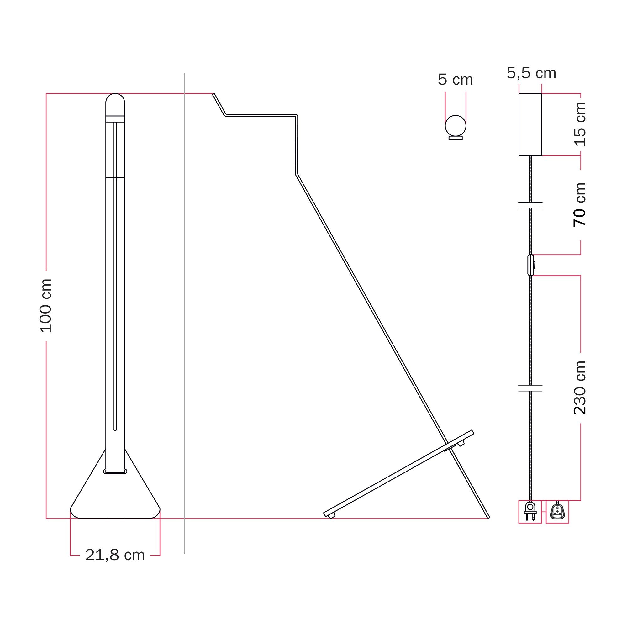 Lampada da terra inclinabile con faretto magnetico orientabile - Mario Tubo - Rosso