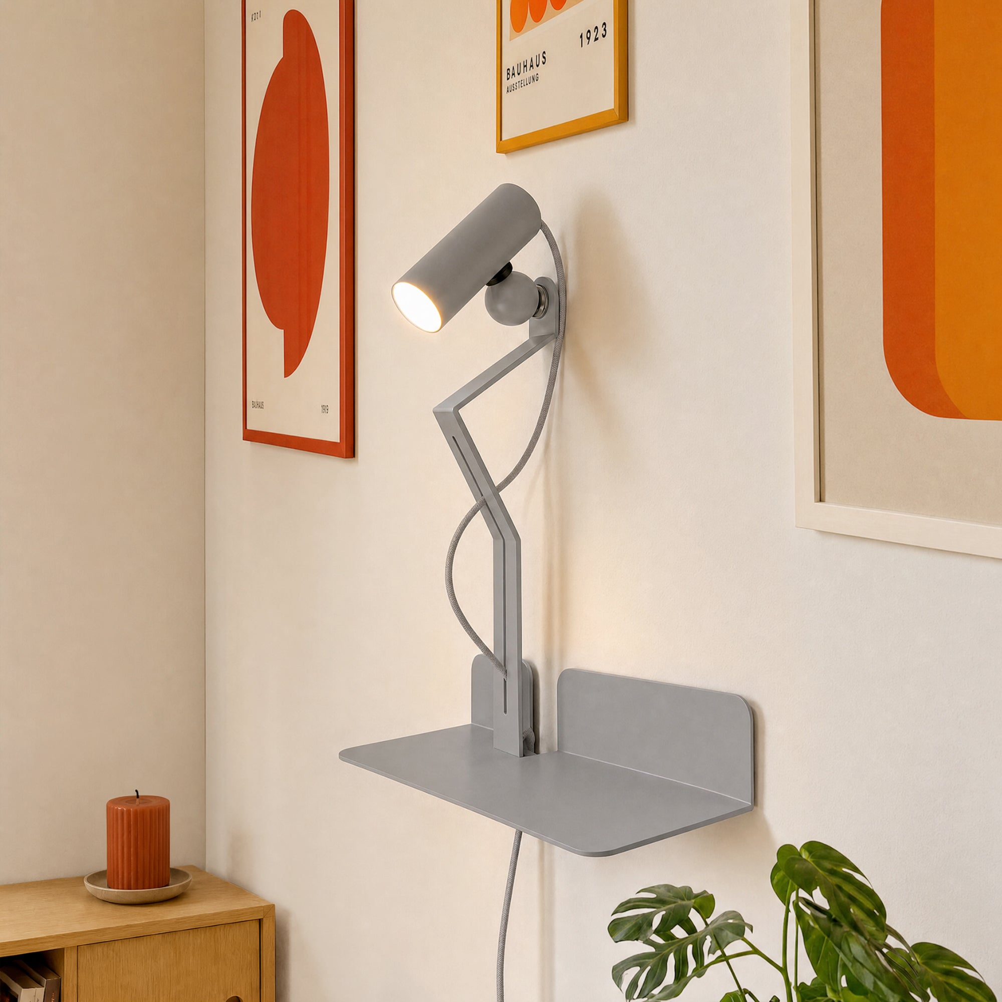Lampada da parete con mensola e faretto magnetico orientabile - Murio Tubo - Grigio