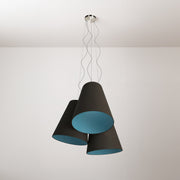 Lampadario Trittico con paralumi a cono bicolore Cenere e Celeste - Made in Italy