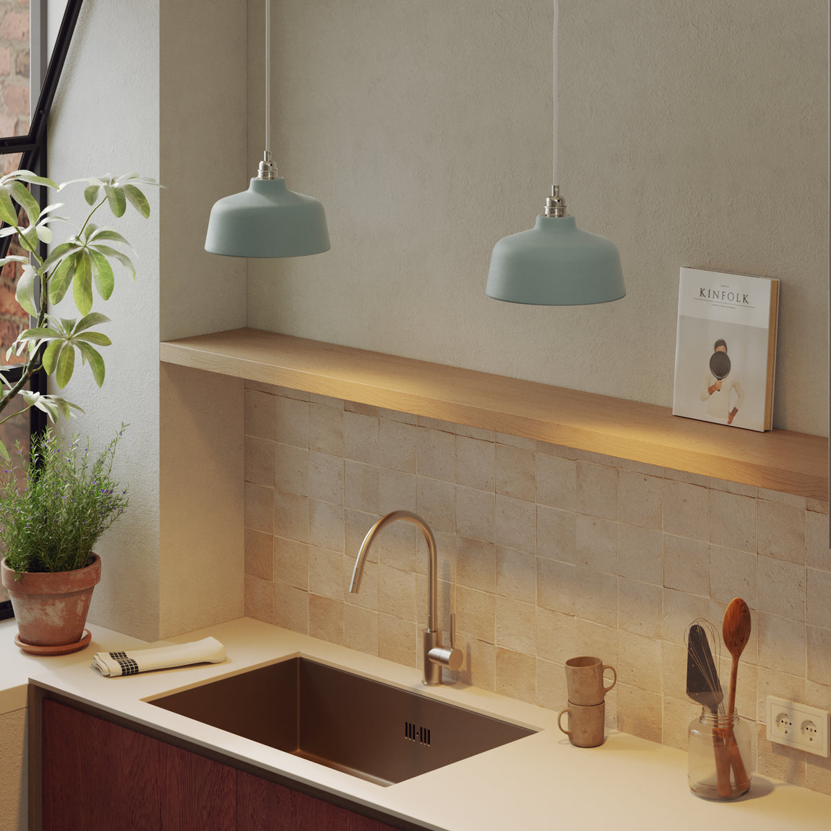 Paralume Coppa in ceramica per lampadario - Azzurro / Bianco