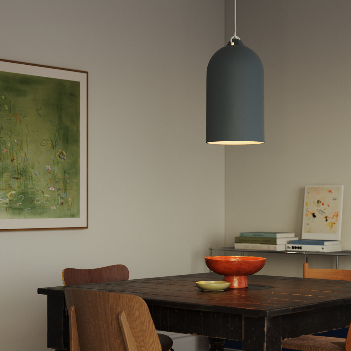 Paralume Campana XL in ceramica per lampadario - Petrolio / Bianco