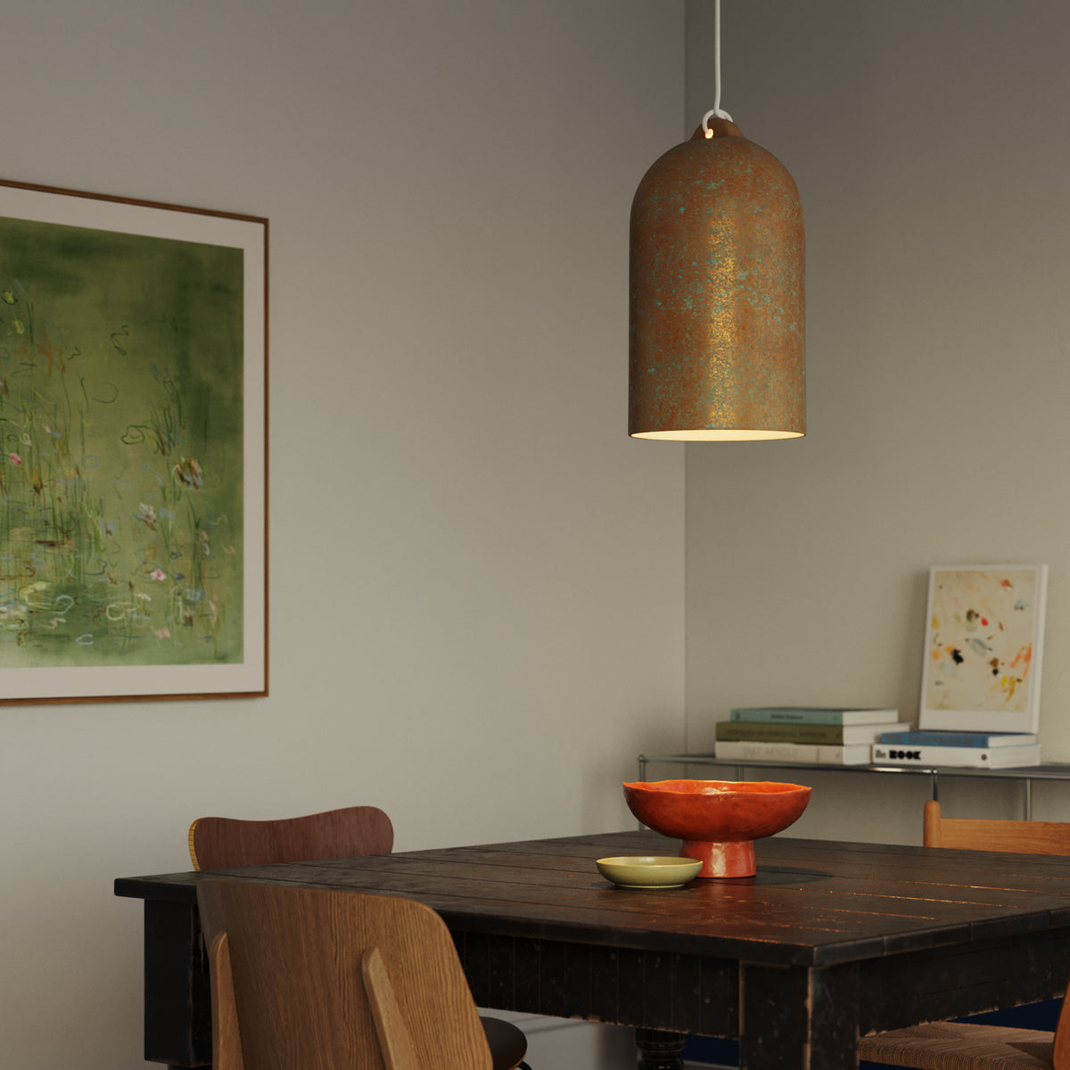 Paralume Campana XL in ceramica per lampadario - Effetto verde rame / Bianco