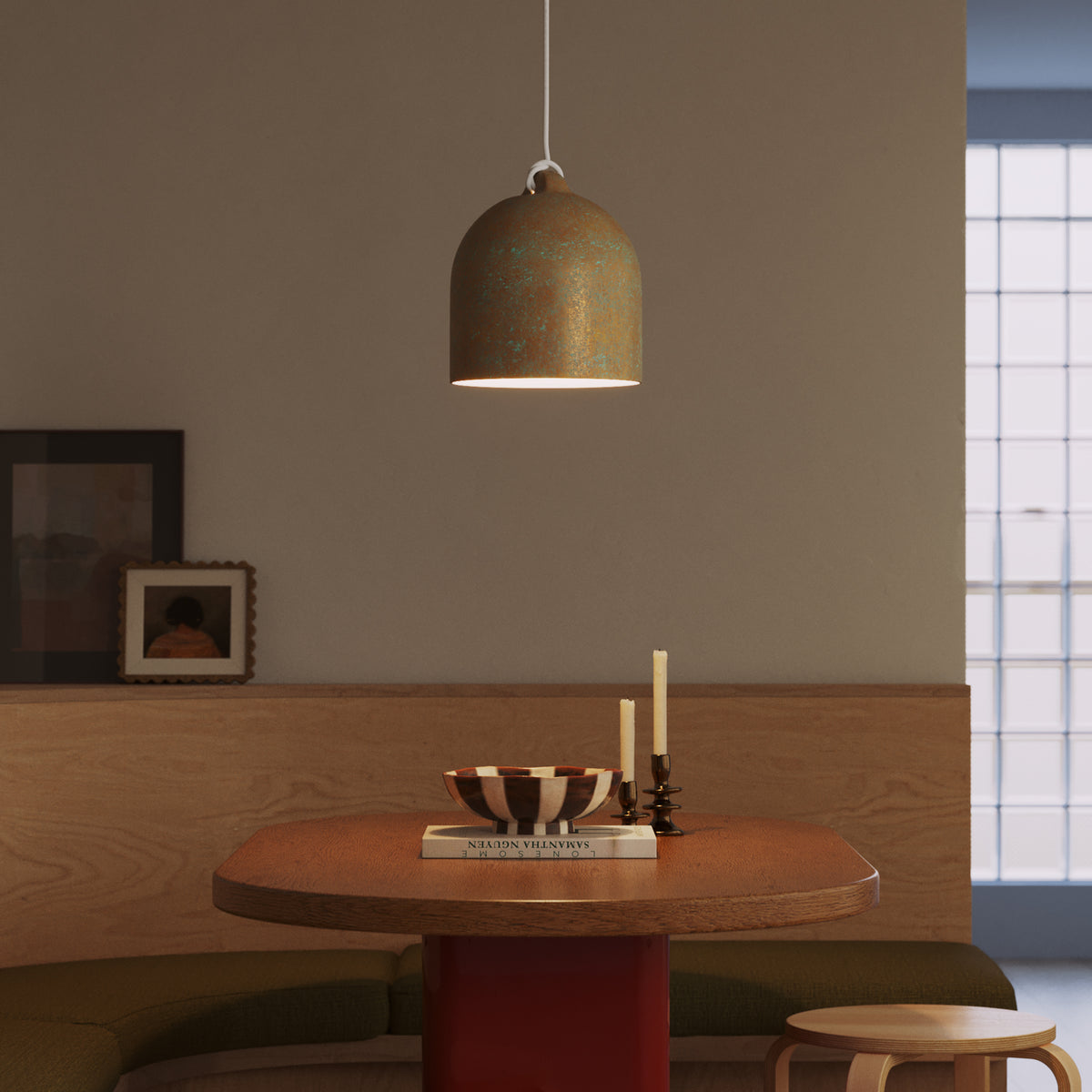 Paralume Campana M in ceramica per lampadario - Effetto verde rame / Bianco