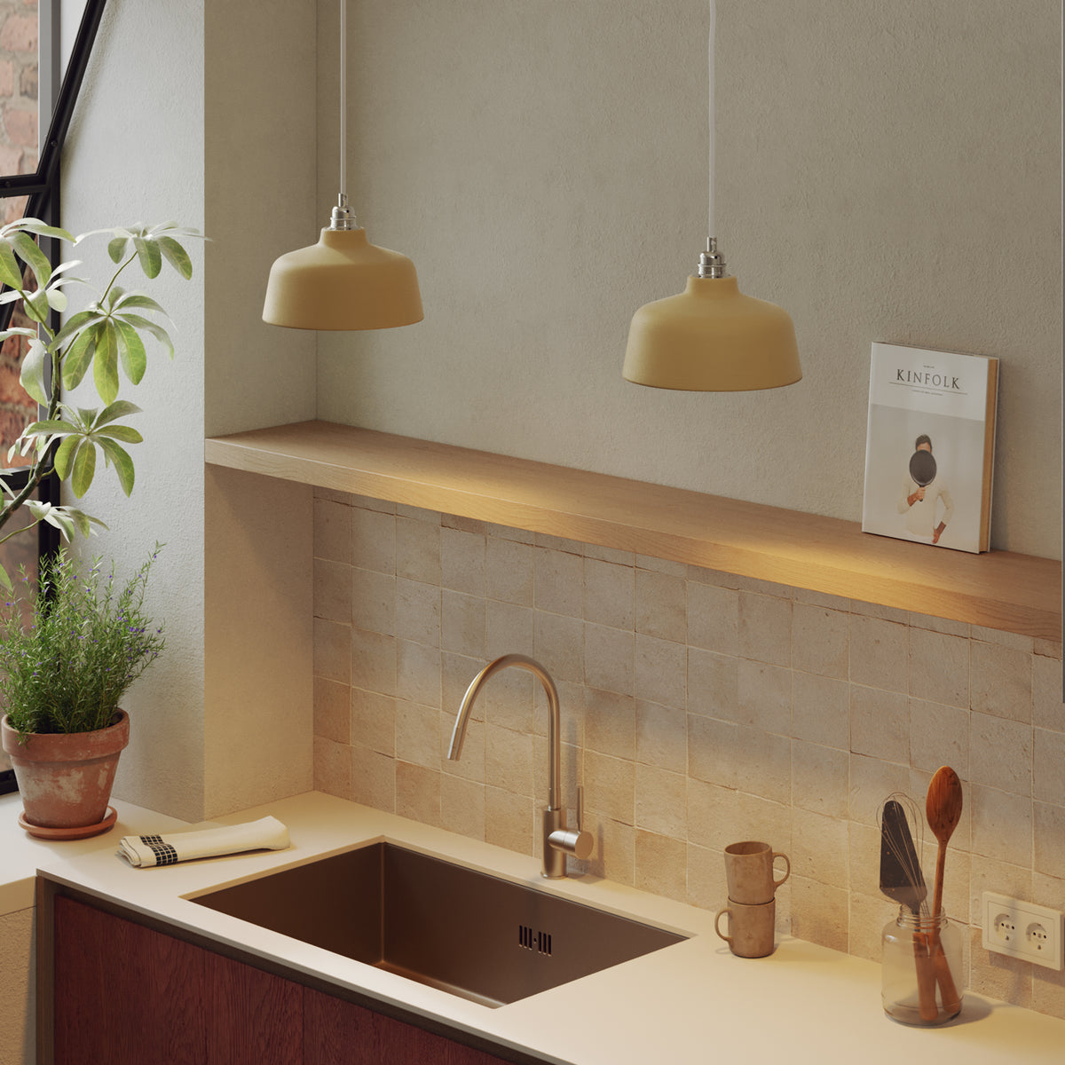 Paralume Coppa in ceramica per lampadario - Giallo / Bianco