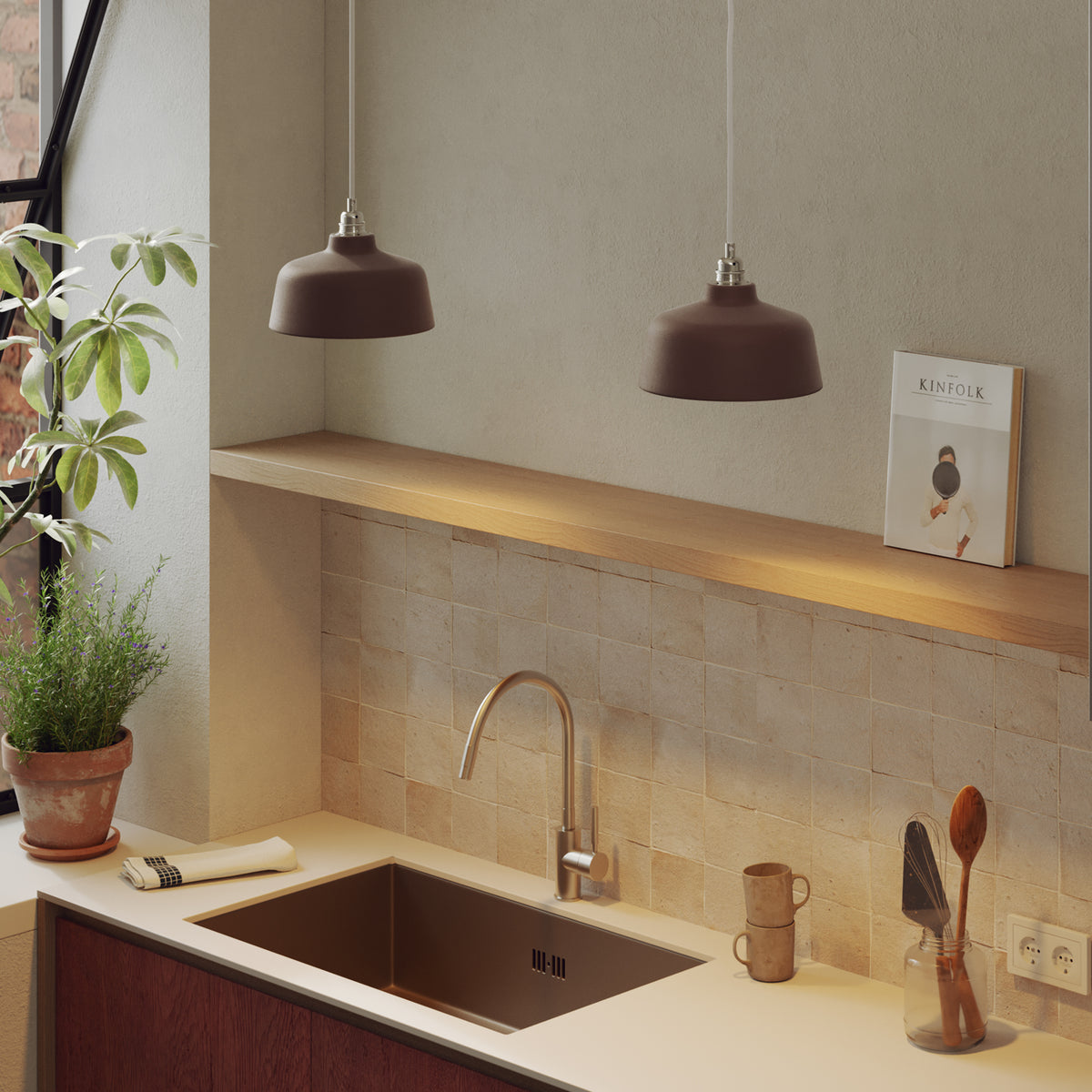 Paralume Coppa in ceramica per lampadario - Marrone / Bianco