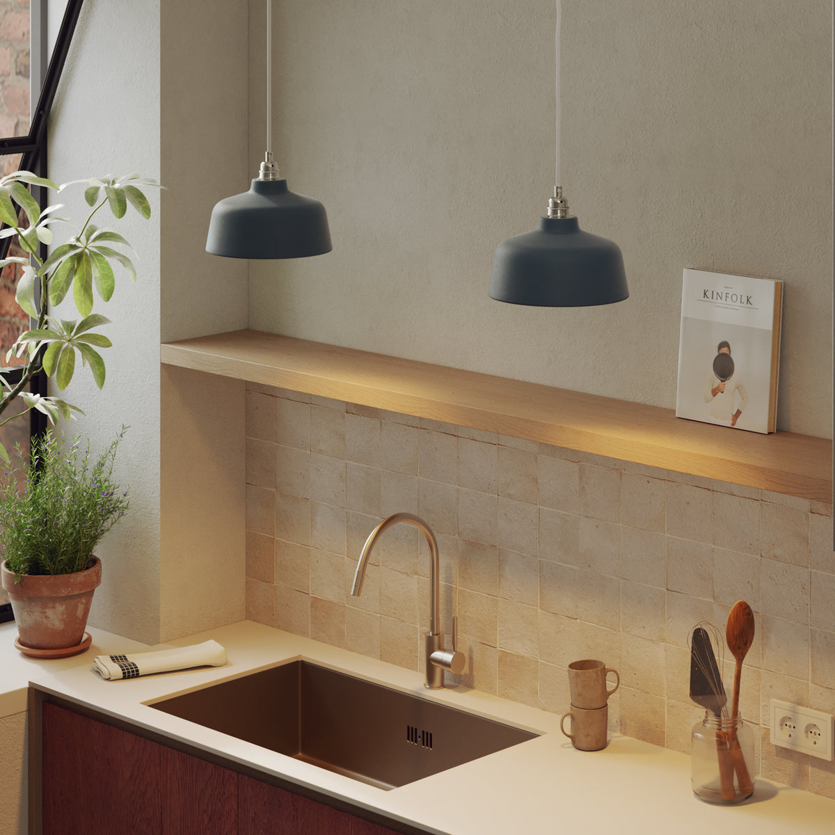 Paralume Coppa in ceramica per lampadario - Petrolio / Bianco