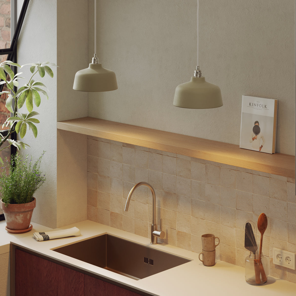 Paralume Coppa in ceramica per lampadario - Verde salvia / Bianco