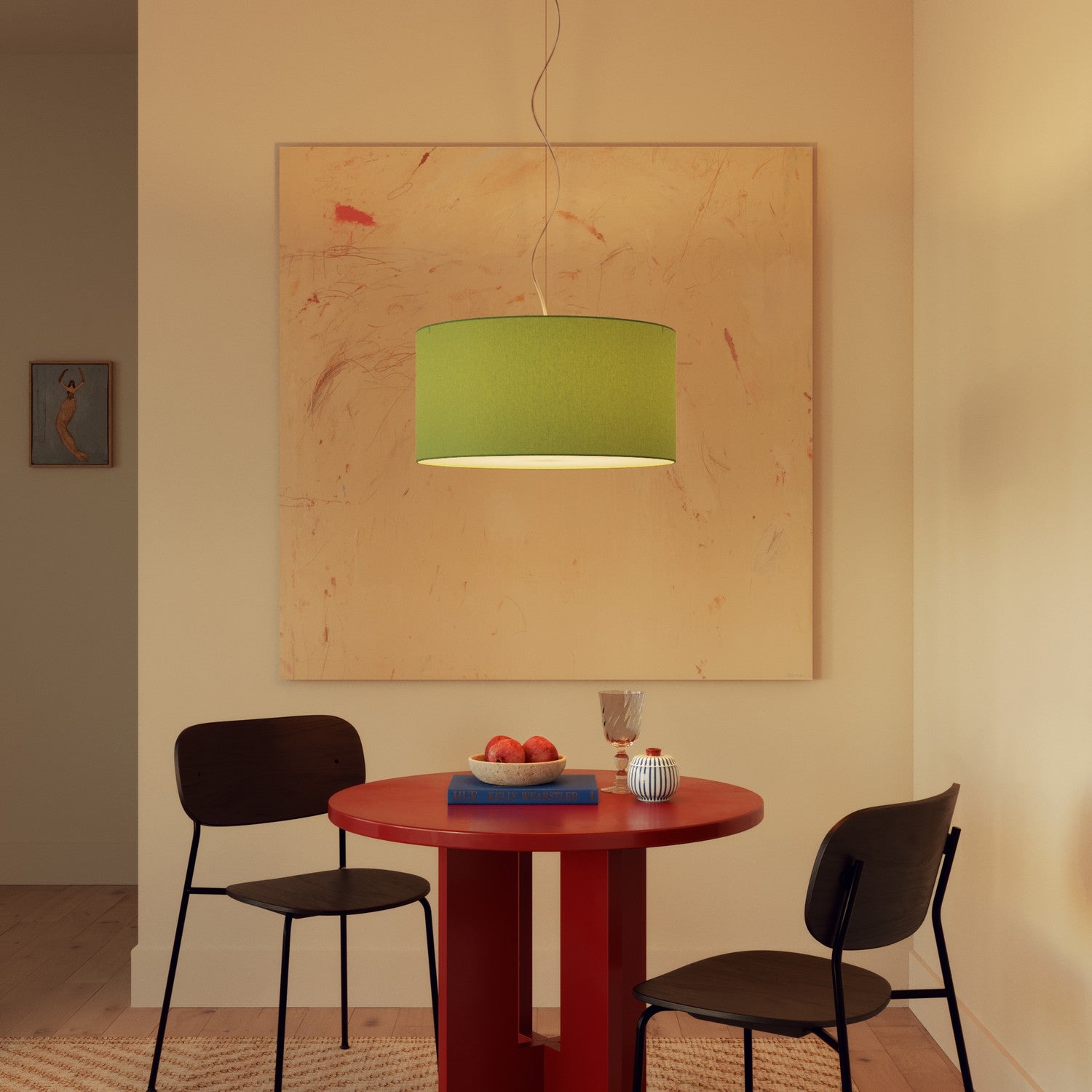 Lampada a sospensione con paralume in tessuto Cilindro Medium Cinette verde pistacchio - Made in Italy No