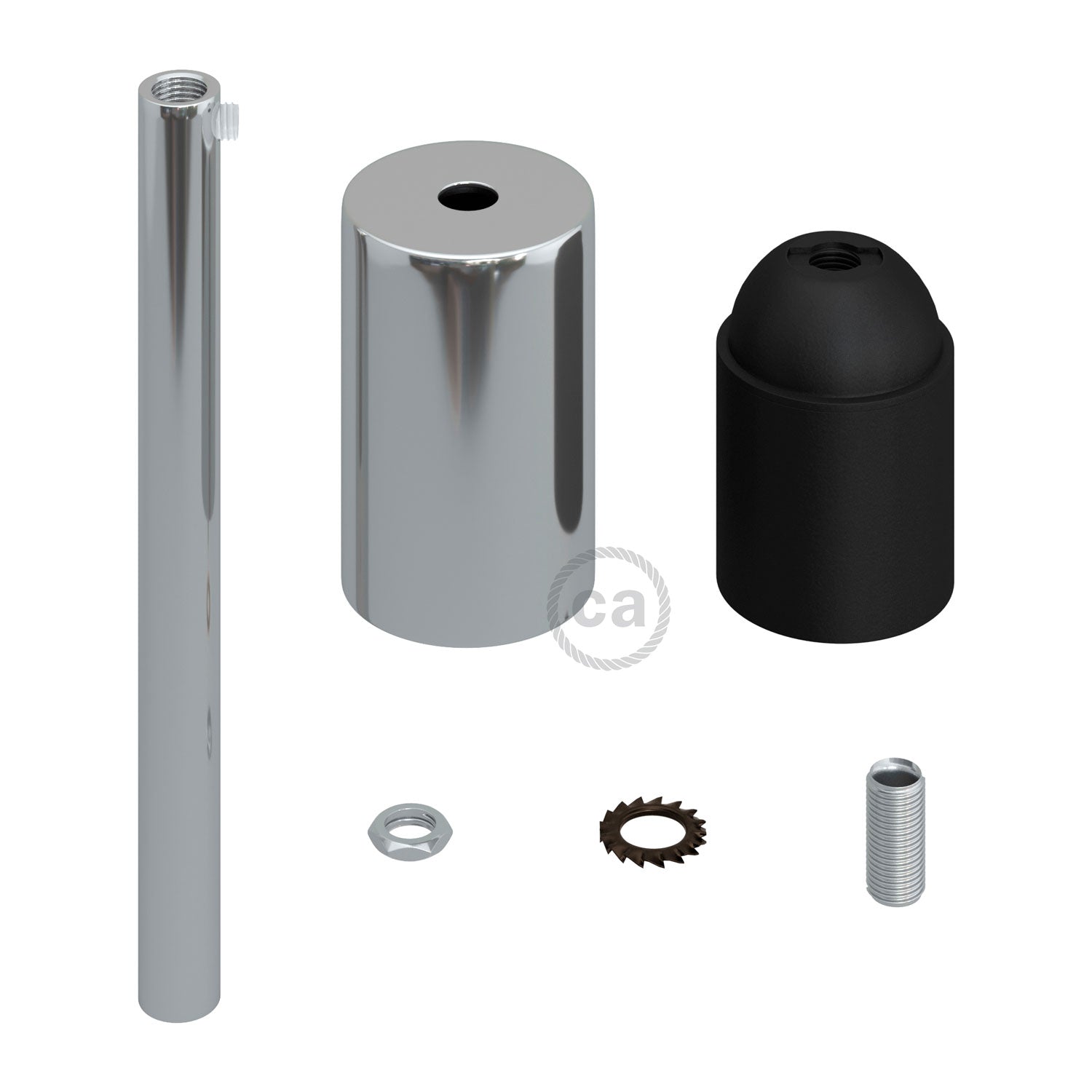 Kit portalampada E27 cilindrico in metallo con serracavo da 15 cm - Cromo