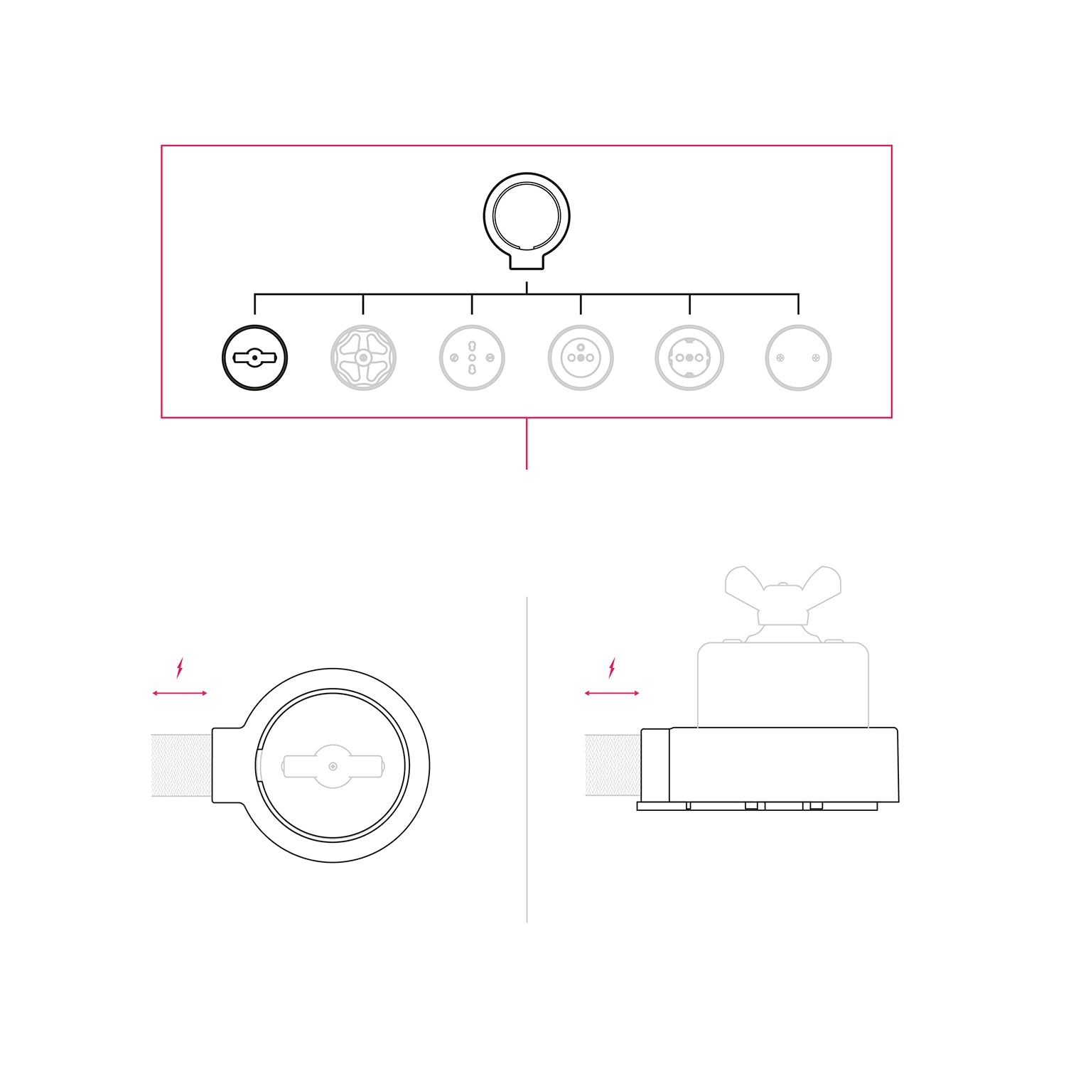 Kit interruttore/deviatore con dado a farfalla e base per Creative-Tubes  in porcellana bianca