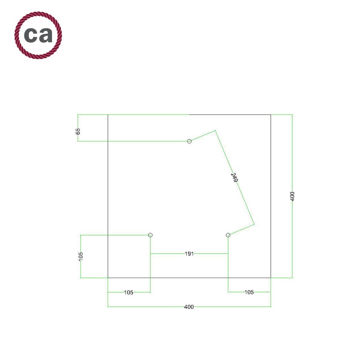 Rosone XXL Rose-One quadrato, 400 mm con 3 fori e 4 fori laterali - Dibond Ottone satinato