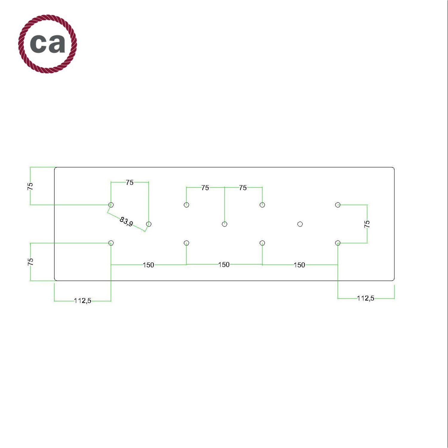 Rosone XXL Rose-One rettangolare a 11 fori e 6 fori laterali, dimensioni 675 x 225 mm  - Dibond Rame satinato