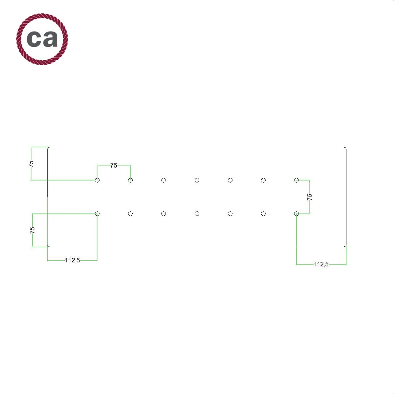 Rosone XXL Rose-One rettangolare a 14 fori e 6 fori laterali, dimensioni 675 x 225 mm  - Dibond Acciaio satinato