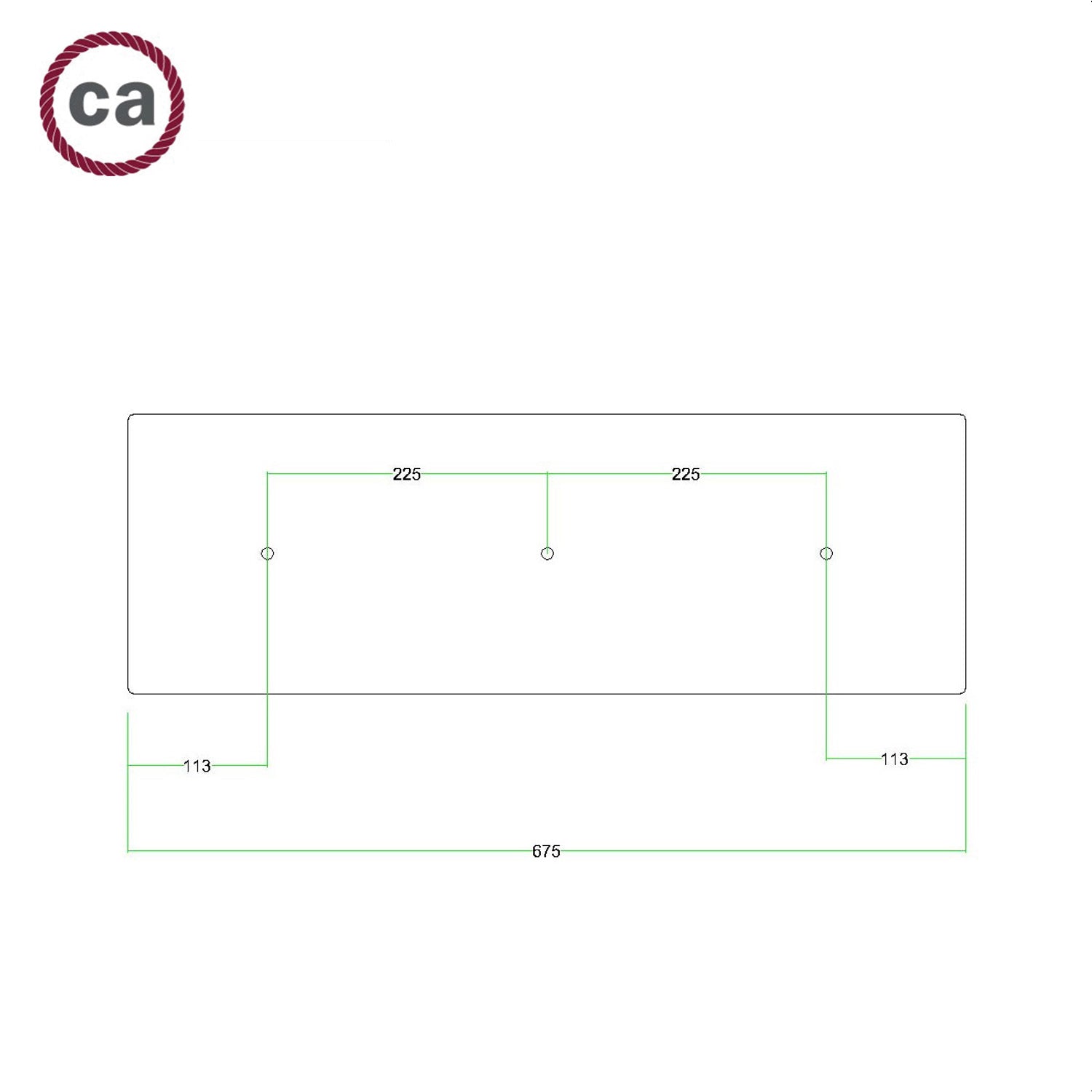 Rosone XXL Rose-One rettangolare a 3 fori in linea e 6 fori laterali, dimensioni 675 x 225 mm  - Dibond Acciaio satinato