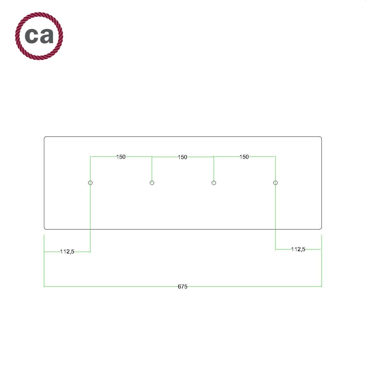Rosone XXL Rose-One rettangolare a 4 fori in linea e 6 fori laterali, dimensioni 675 x 225 mm  - Dibond Acciaio satinato