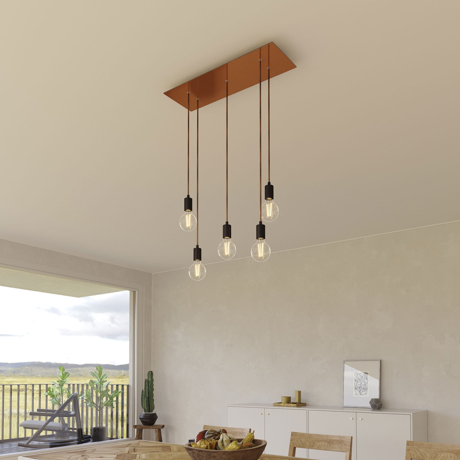 Rosone XXL Rose-One rettangolare a 5 fori e 6 fori laterali, dimensioni 675 x 225 mm  - Dibond Rame satinato