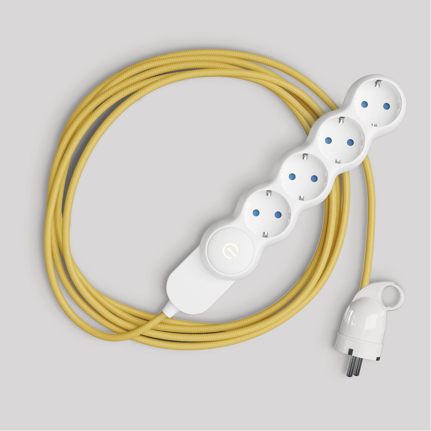 Multipresa tedesca con cavo in tessuto giallo lucido e spina Schuko con anello comfort