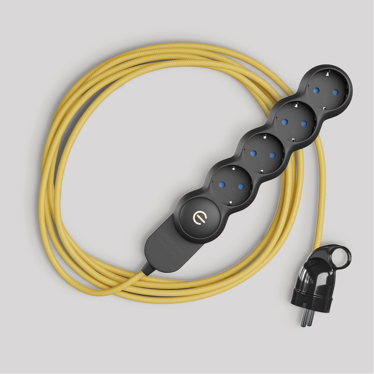 Multipresa tedesca con cavo in tessuto giallo lucido e spina Schuko con anello comfort