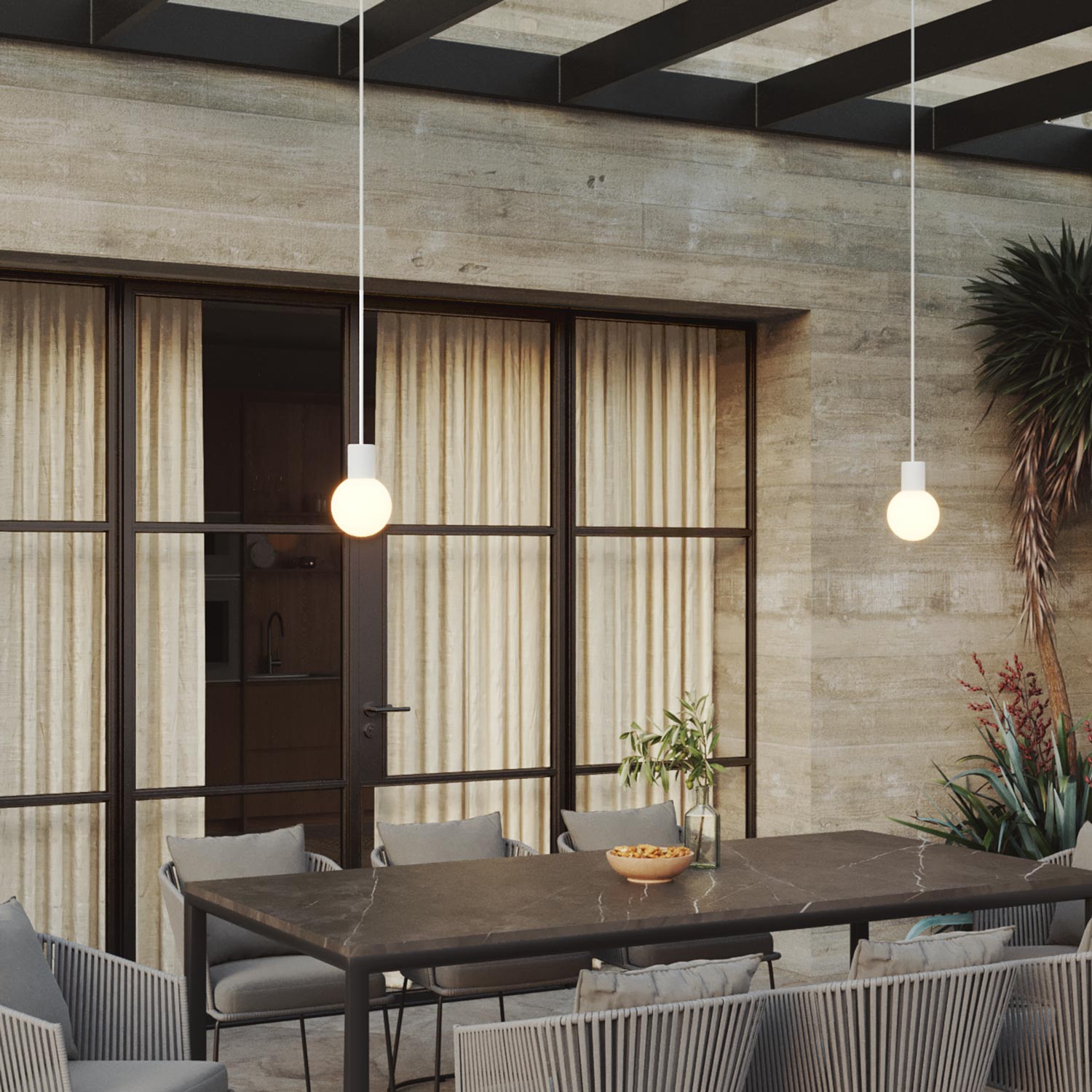 Lampada a sospensione da esterno Modulair IP65 a 2 cadute con paralumi infrangibili Unbreak-a-Ball - Bianco