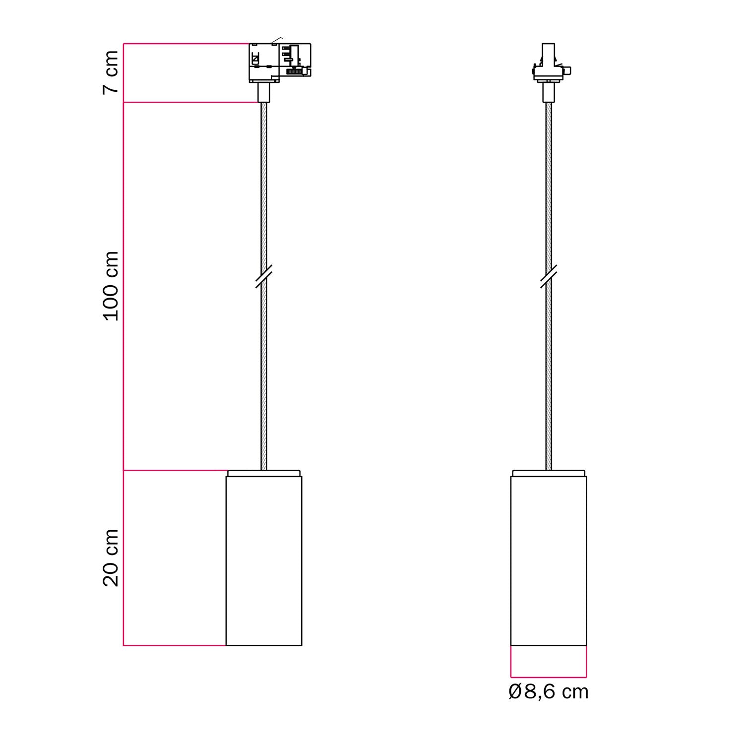 Lampada a sospensione per binari con cavo tessile e Tub-E27 - Neutro