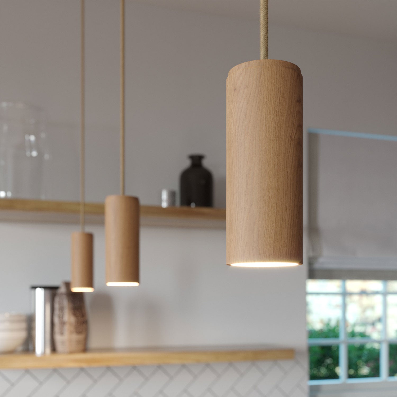 Lampada a sospensione completa di cavo tessile e paralume Tub-E14 in legno - Neutro