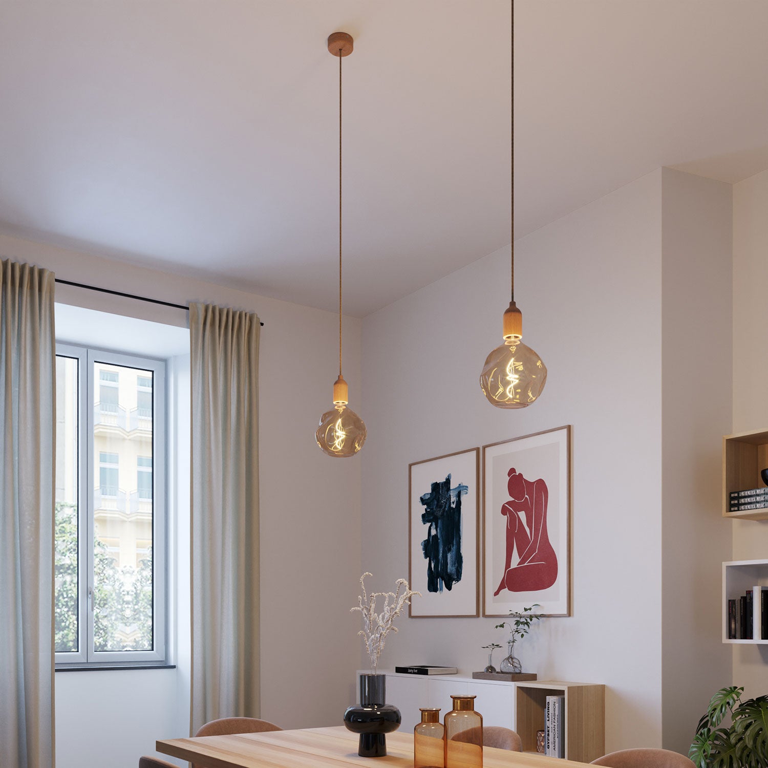 Lampada a sospensione completa di cavo tessile e finiture in legno - Neutro