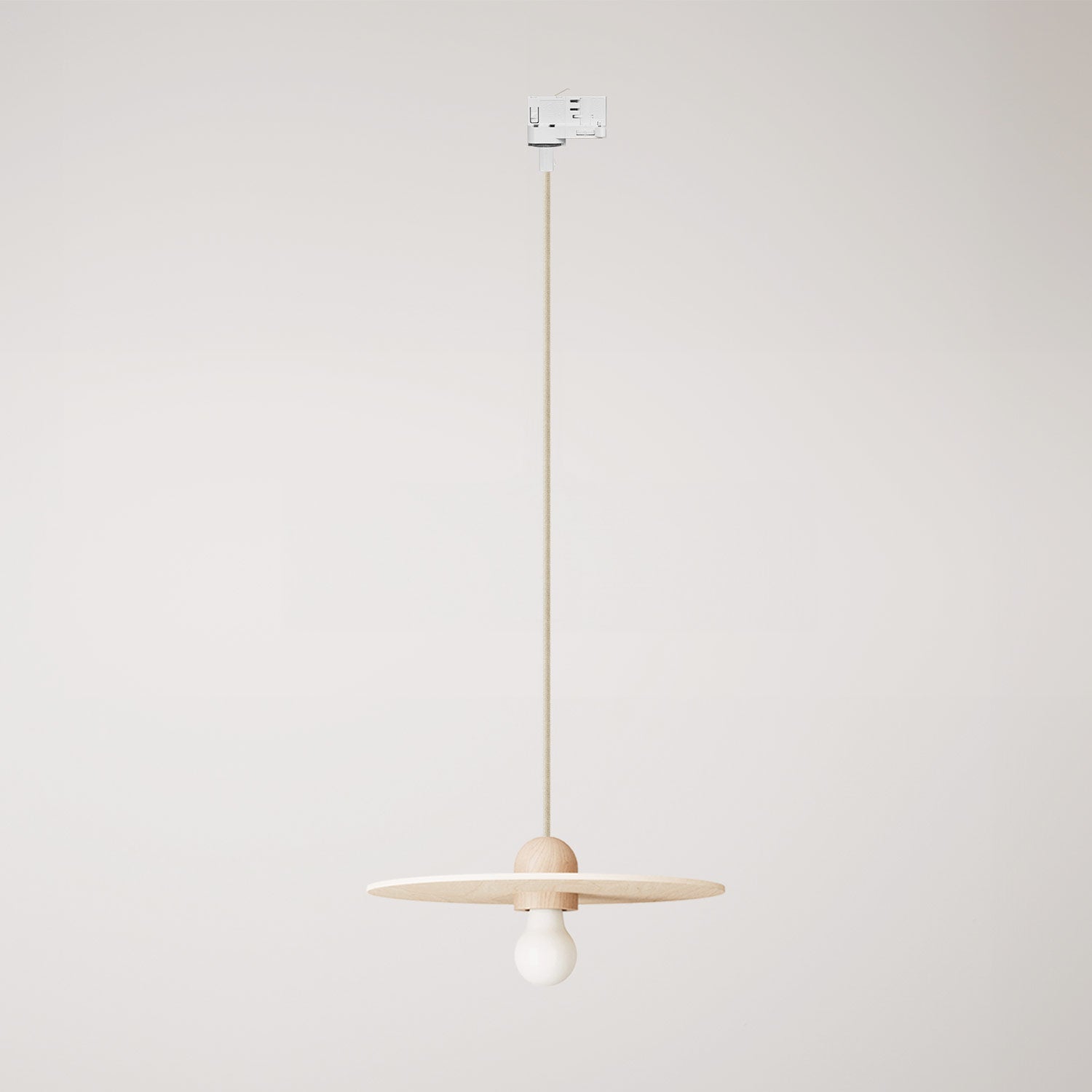 Lampada in legno a binario con cavo tessile e paralume UFO - Neutro