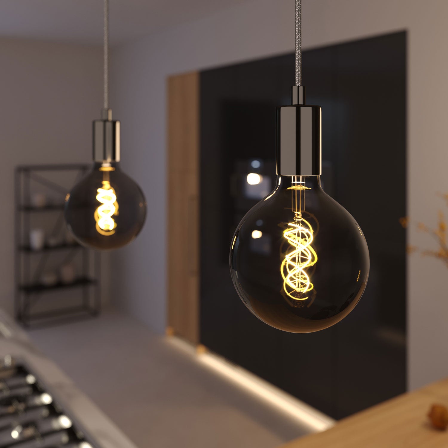 Lampada a sospensione completa di cavo tessile e finiture in metallo - Nero perla